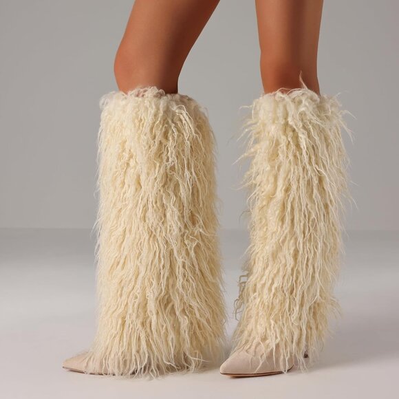 Women's Beige Kalstage Fur Knee High Heeled Wide Calf Party Fashion Boots - Picture 5 of 6